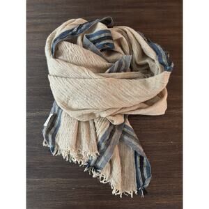 Devernois Wool Stole Scarf Tan Blue Trim Travel Lightweight 68x29 In